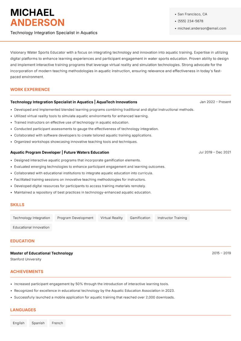 Water Sports Educator resume sample — Technology Integration Specialist in Aquatics focus