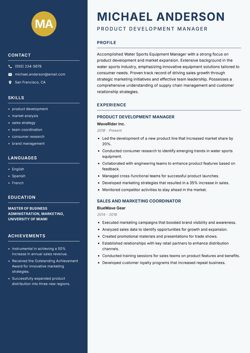 Water Sports Equipment Manager resume sample — Product Development Manager focus