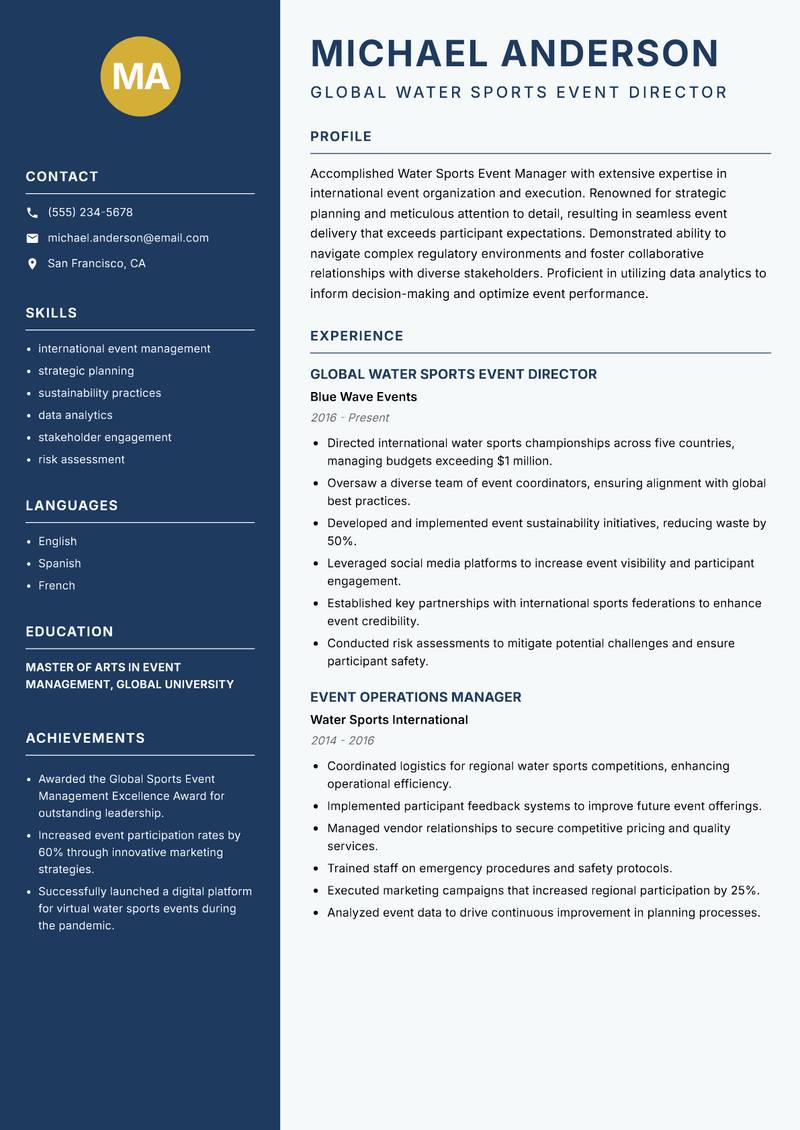 Water Sports Event Manager resume sample — Global Water Sports Event Director focus