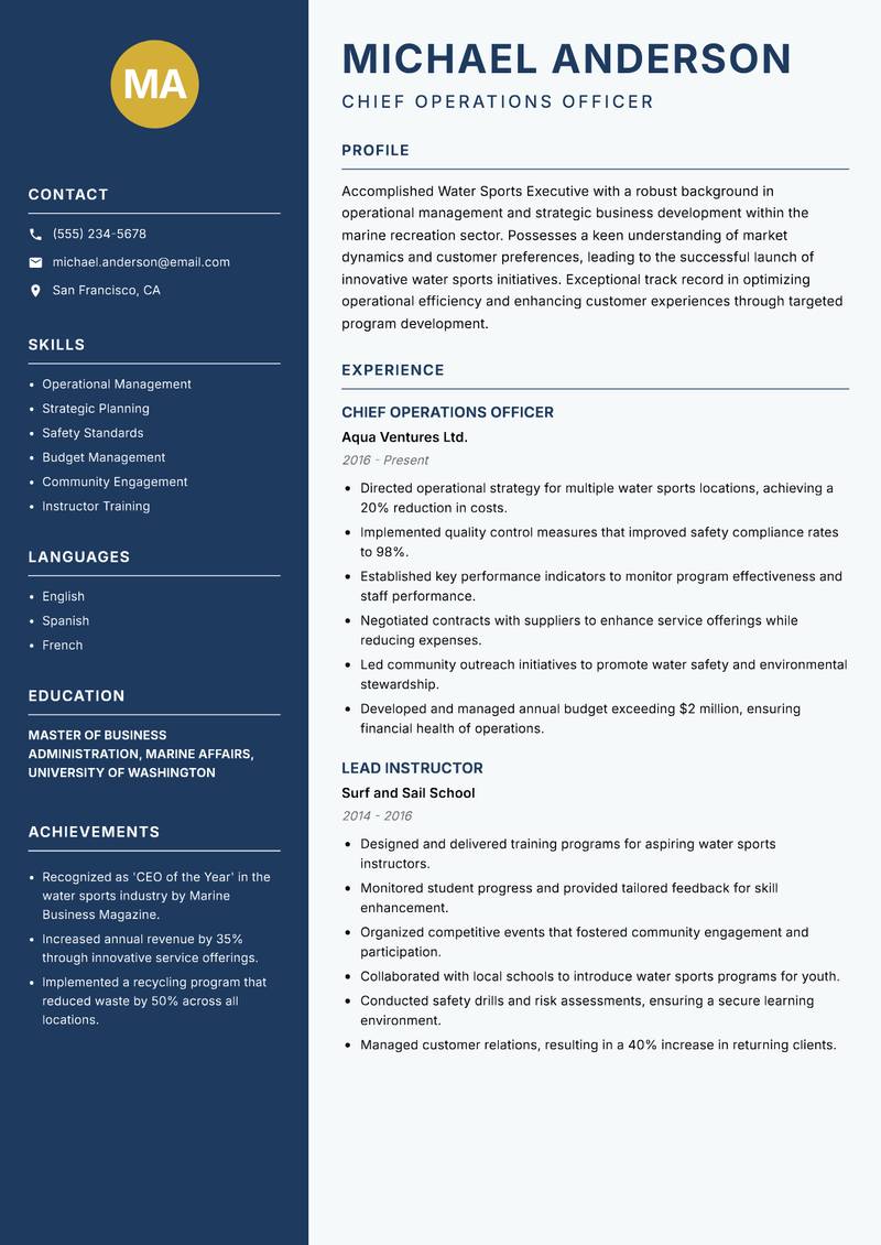 Water Sports Executive resume sample — Chief Operations Officer focus