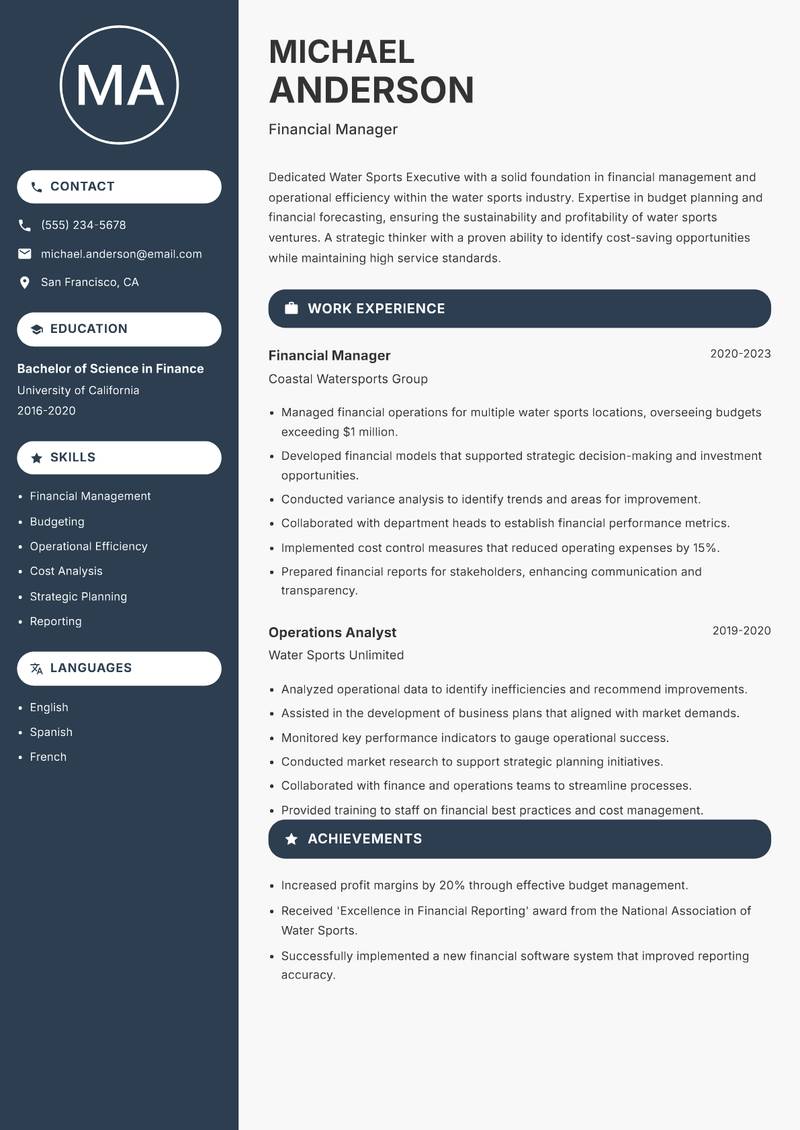 Water Sports Executive resume sample — Financial Manager focus