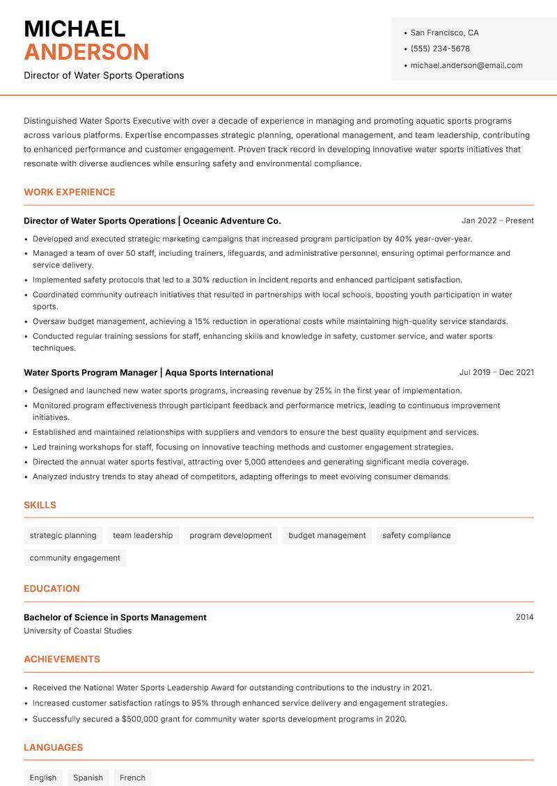 Water Sports Executive resume sample — Director of Water Sports Operations focus