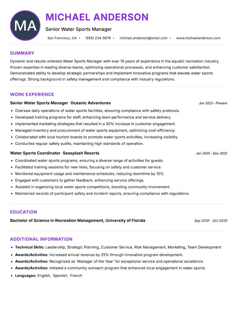 Water Sports Manager resume example
