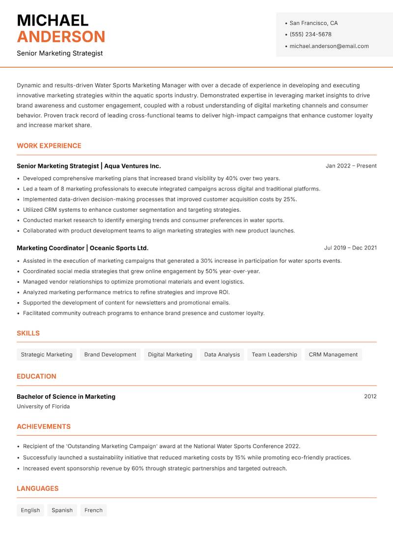 Water Sports Marketing Manager resume sample — Senior Marketing Strategist focus