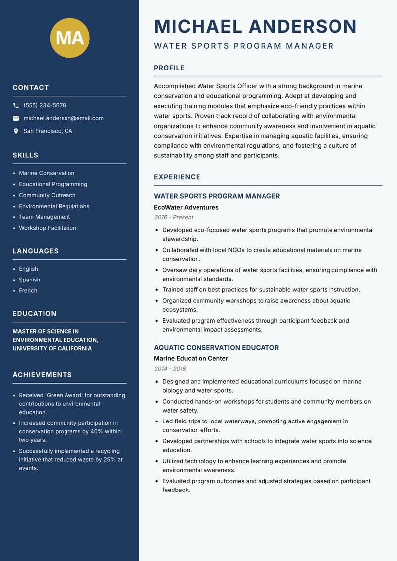 Water Sports Officer resume sample — Water Sports Program Manager focus