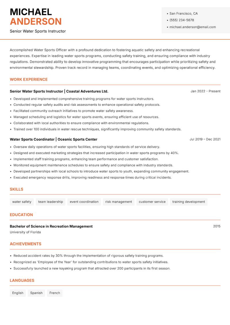 Water Sports Officer resume sample — Senior Water Sports Instructor focus