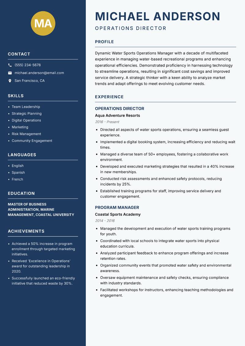 Water Sports Operations Manager resume sample — Operations Director focus