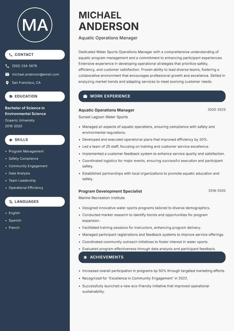 Water Sports Operations Manager resume sample — Aquatic Operations Manager focus