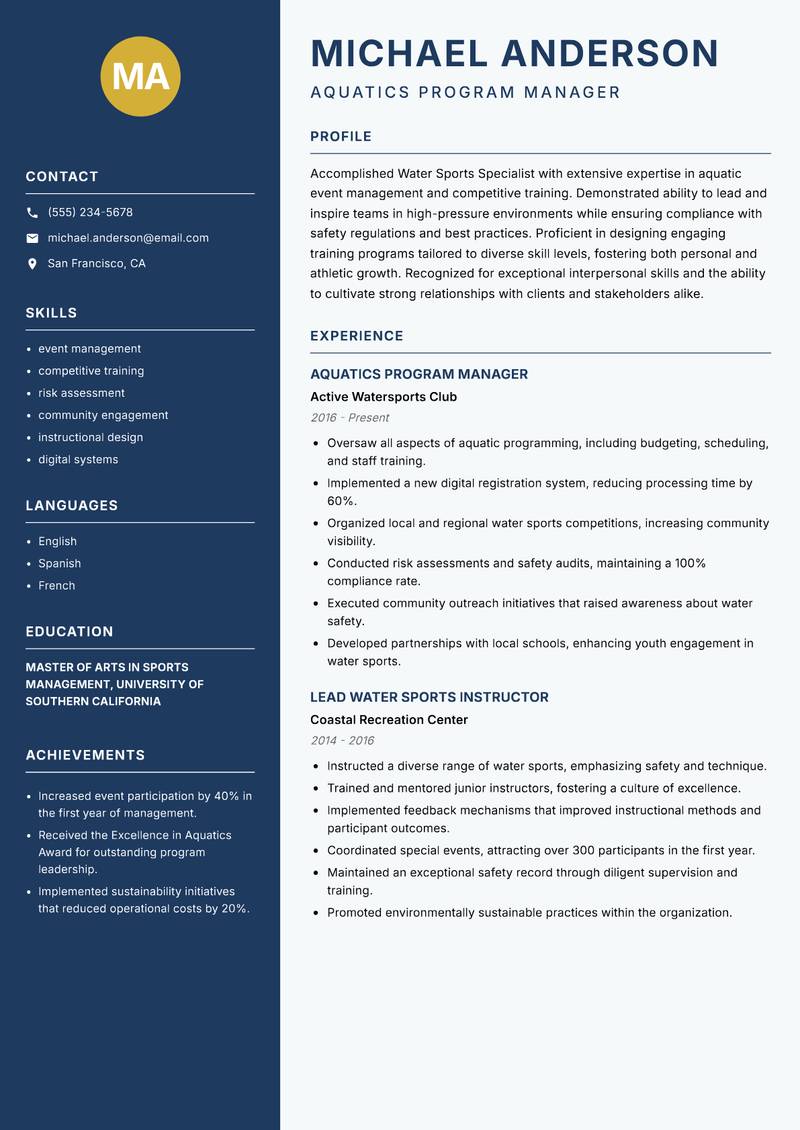 Water Sports Specialist resume sample — Aquatics Program Manager focus