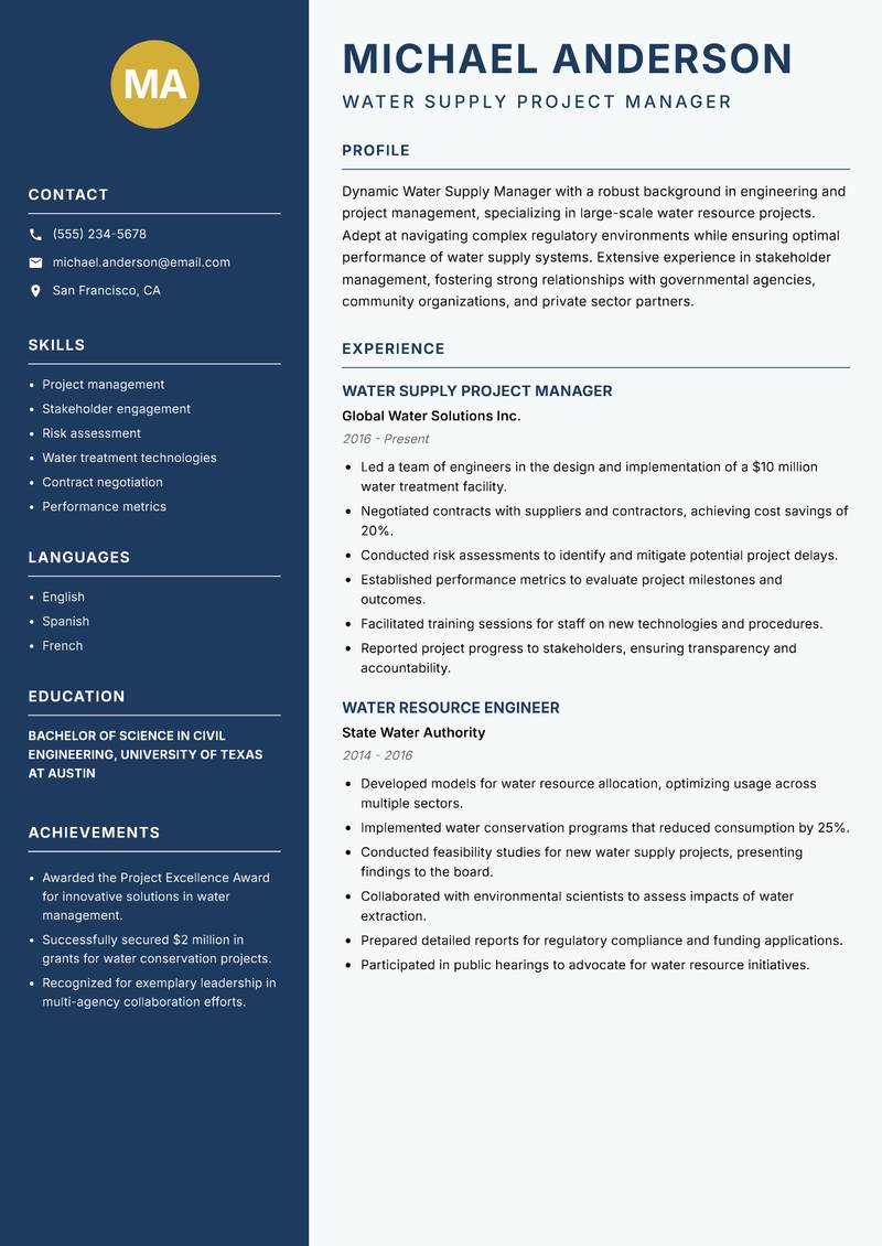 Water Supply Manager resume sample — Water Supply Project Manager focus