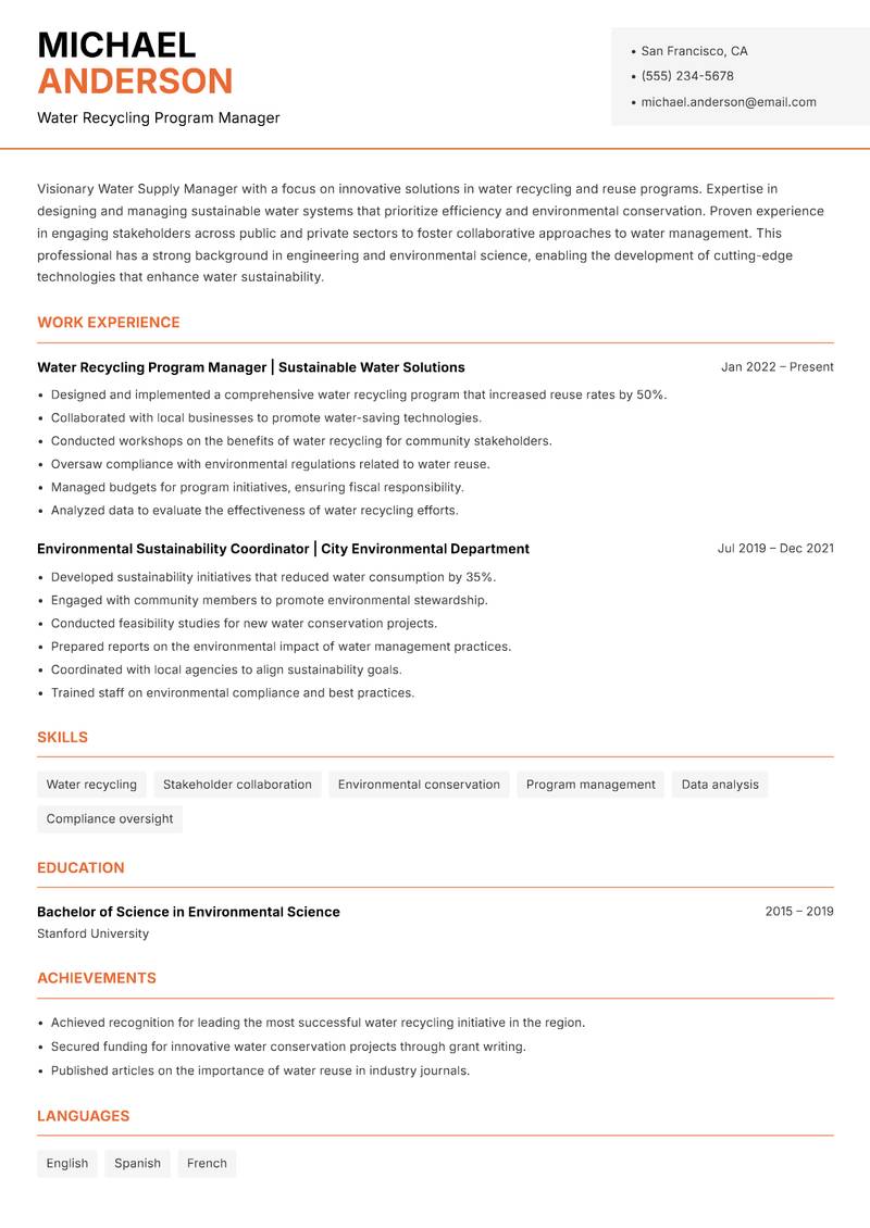 Water Supply Manager resume sample — Water Recycling Program Manager focus