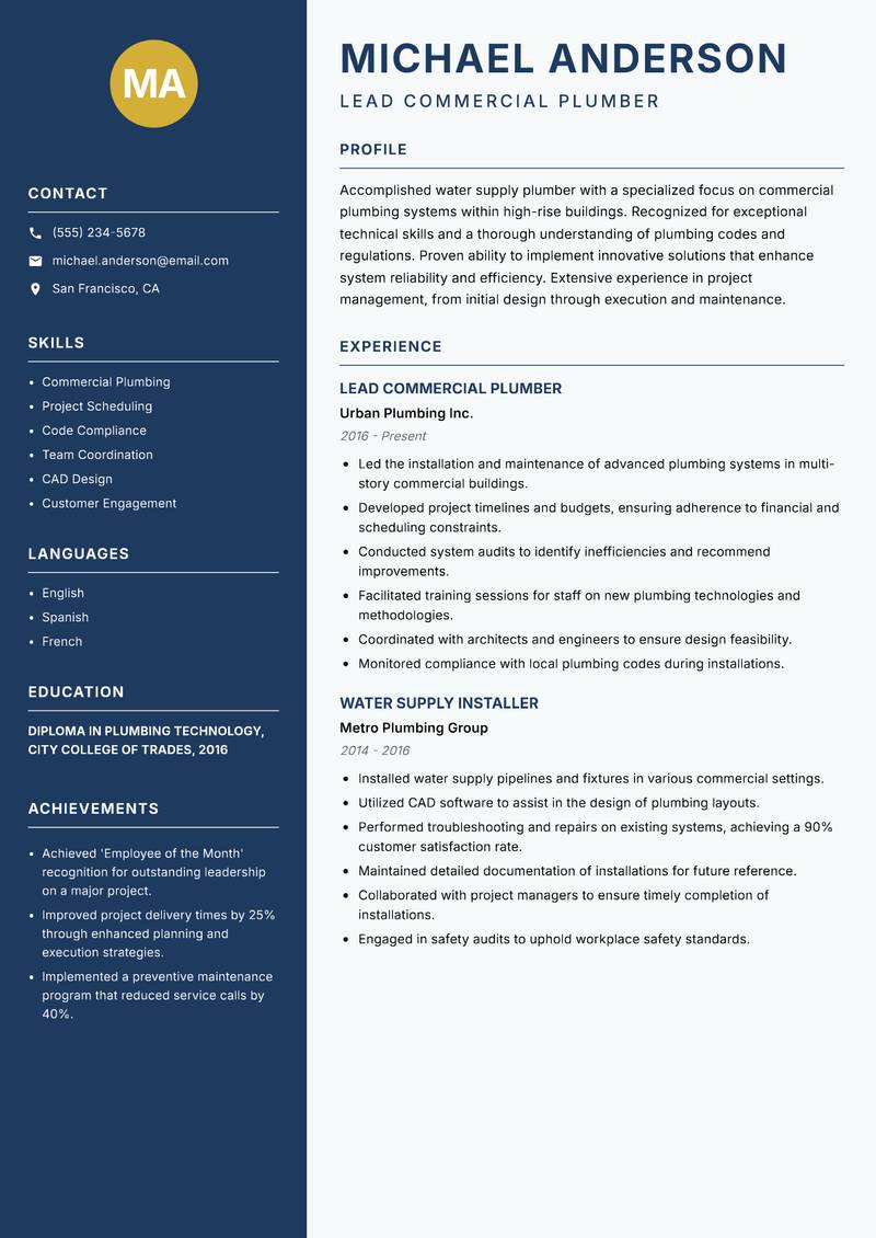 Water Supply Plumber resume sample — Lead Commercial Plumber focus