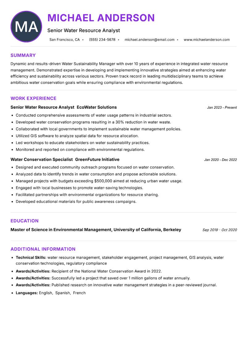 Water Sustainability Manager resume example