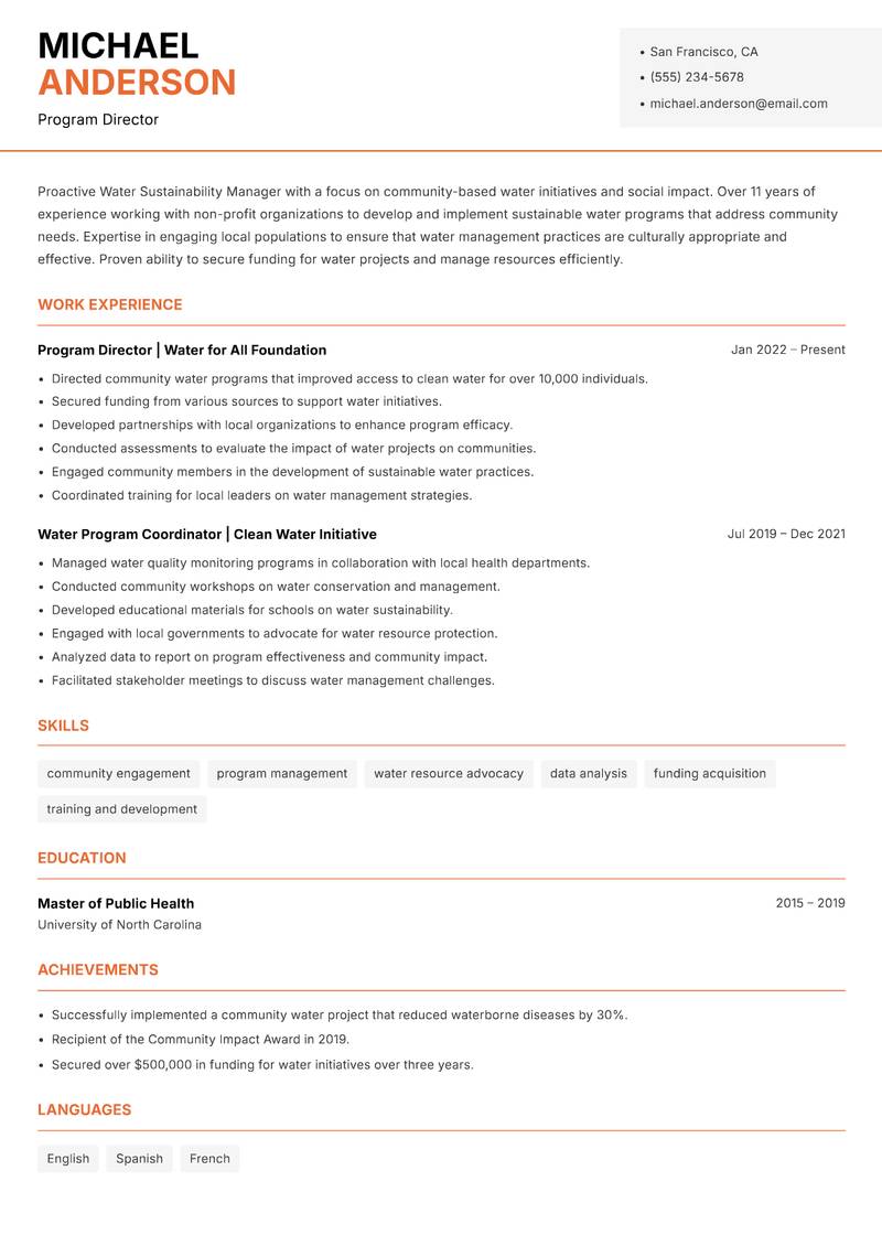 Water Sustainability Manager resume sample — Program Director focus