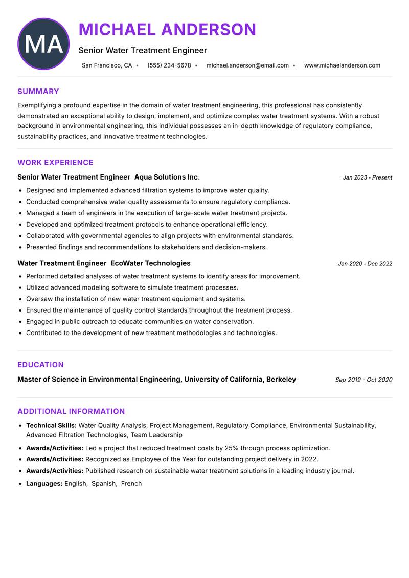 Water Treatment Engineer resume example