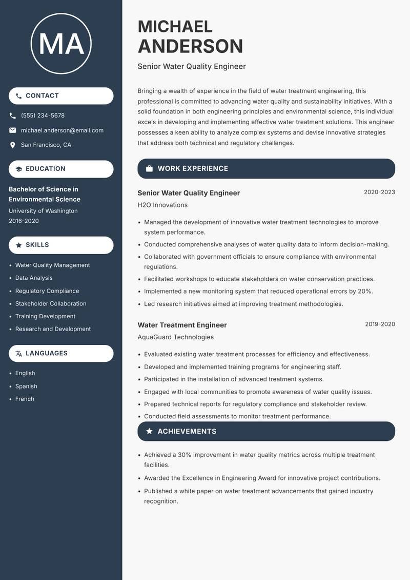 Water Treatment Engineer resume sample — Senior Water Quality Engineer focus