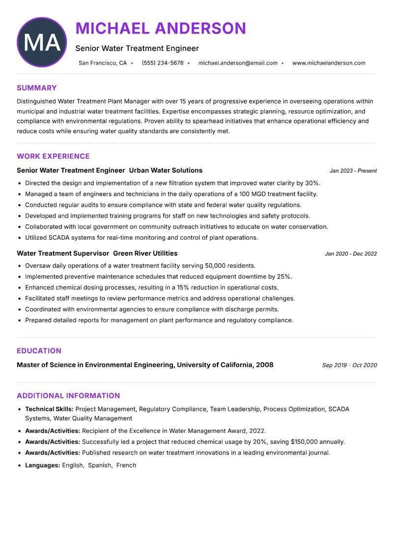 Water Treatment Plant Manager resume example