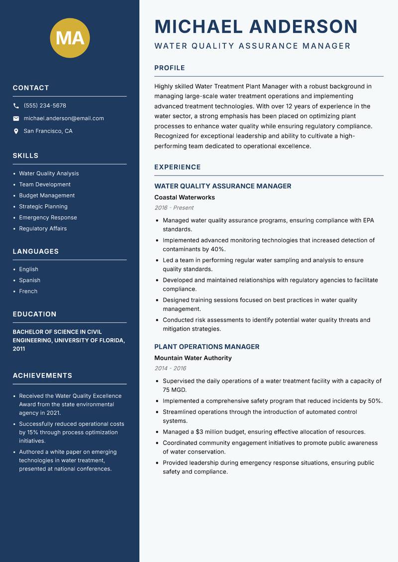 Water Treatment Plant Manager resume sample — Water Quality Assurance Manager focus
