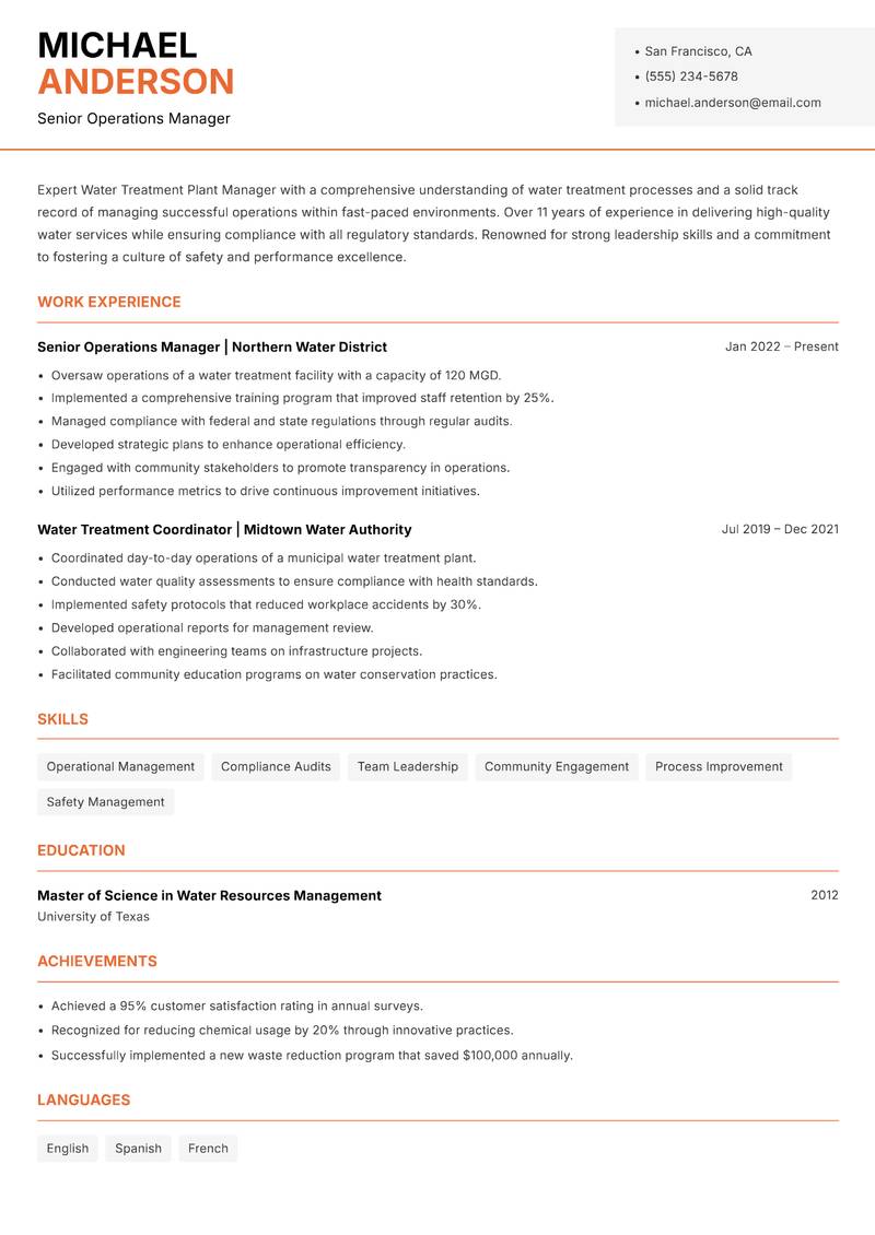 Water Treatment Plant Manager resume sample — Senior Operations Manager focus
