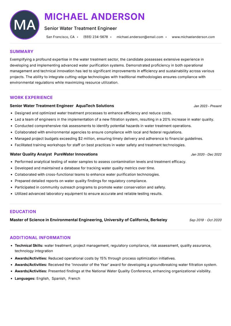 Water Treatment Technology Specialist resume example
