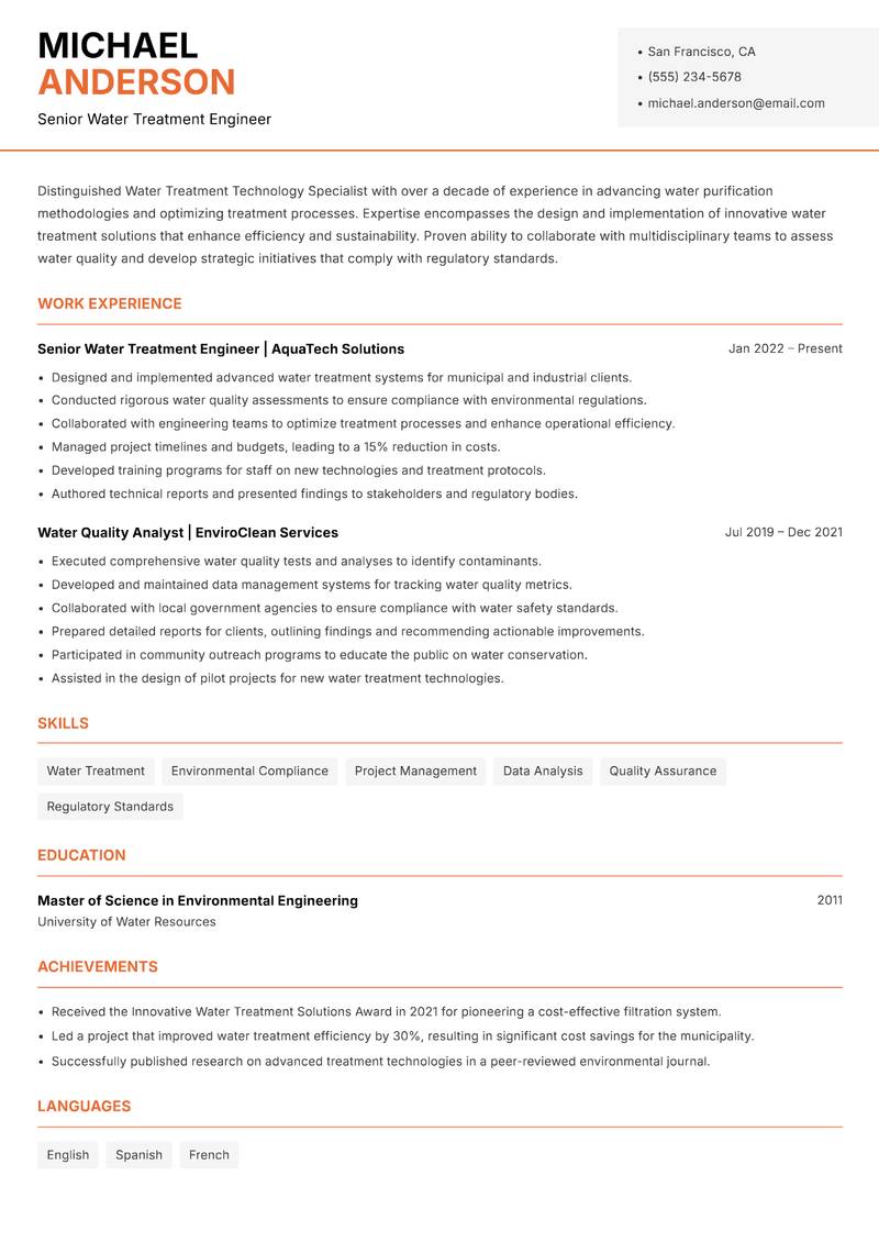 Water Treatment Technology Specialist resume sample — Senior Water Treatment Engineer focus