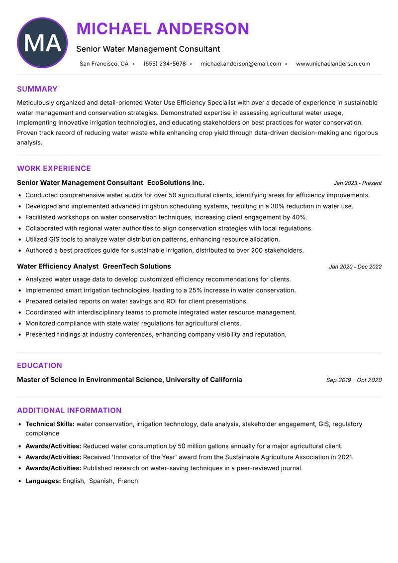 Water Use Efficiency Specialist resume example