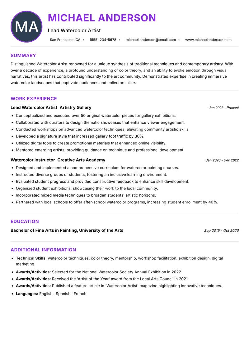 Watercolor Artist resume example