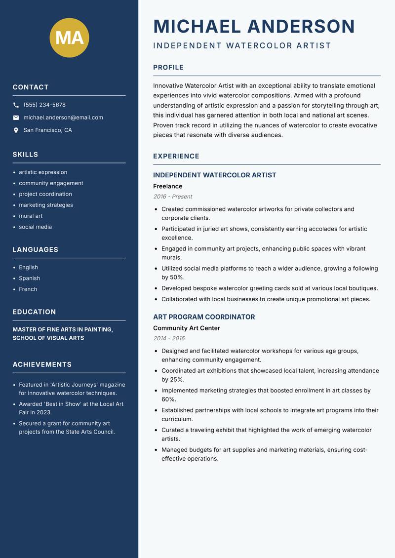 Watercolor Artist resume sample — Independent Watercolor Artist focus