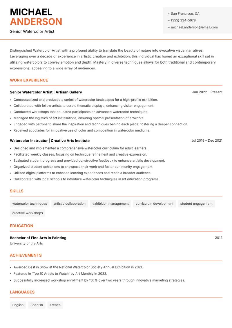 Watercolor Artist resume sample — Senior Watercolor Artist focus