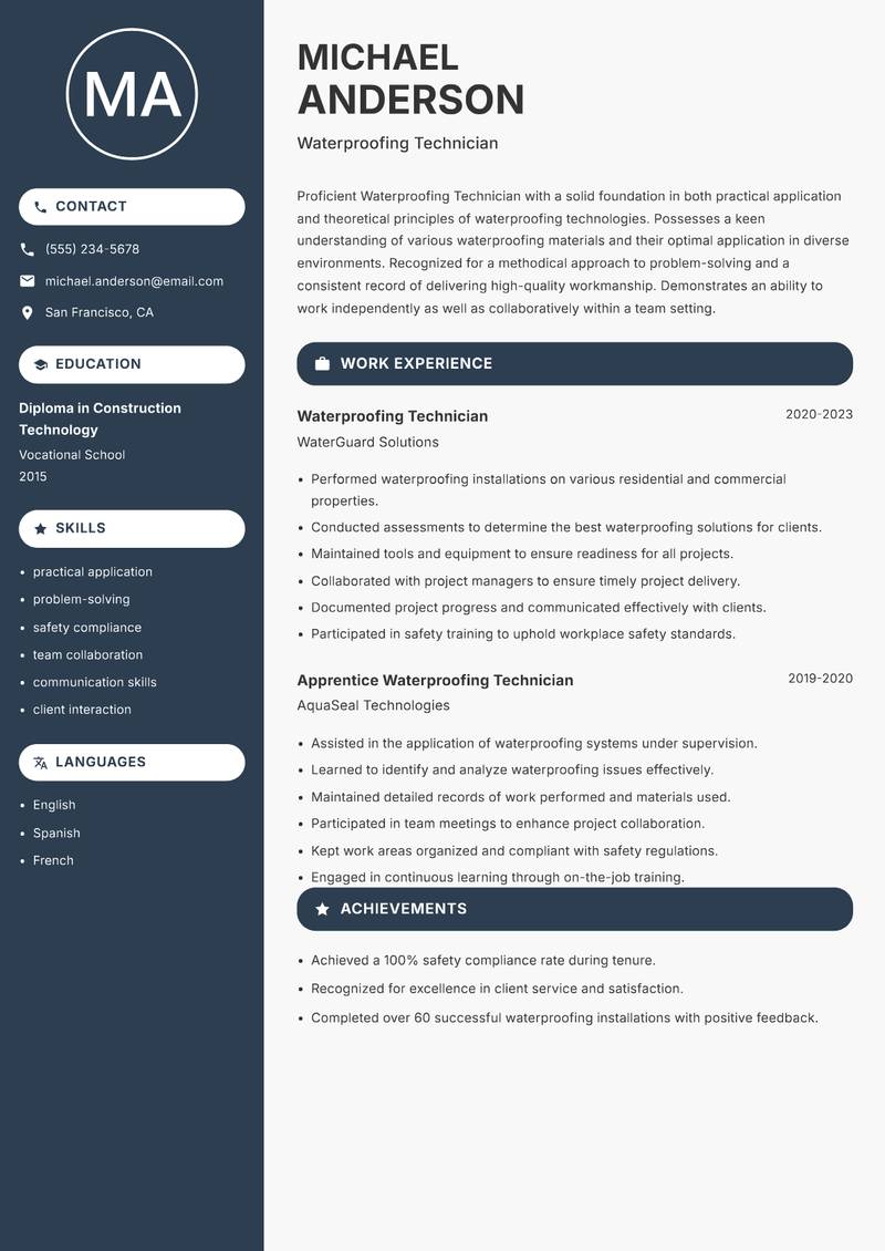 Waterproofing Technician resume sample — Waterproofing Technician focus