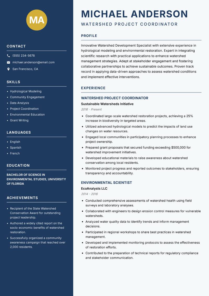 Watershed Development Specialist resume sample — Watershed Project Coordinator focus