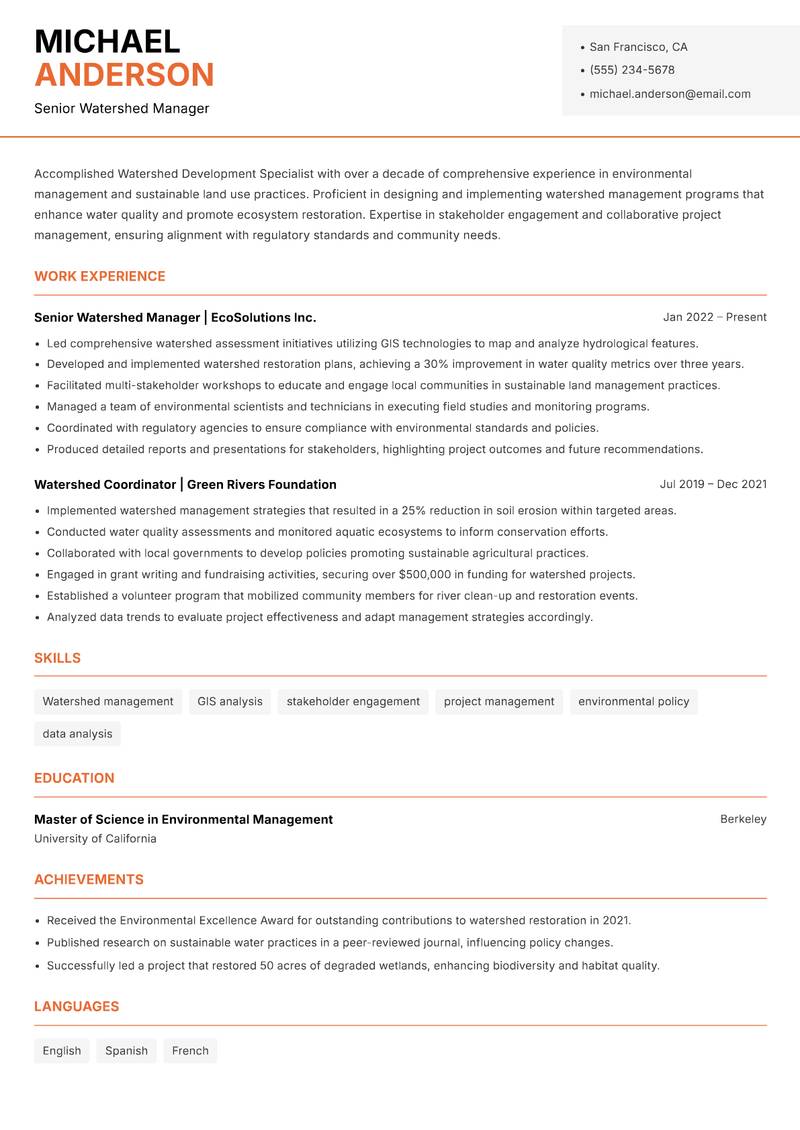 Watershed Development Specialist resume sample — Senior Watershed Manager focus
