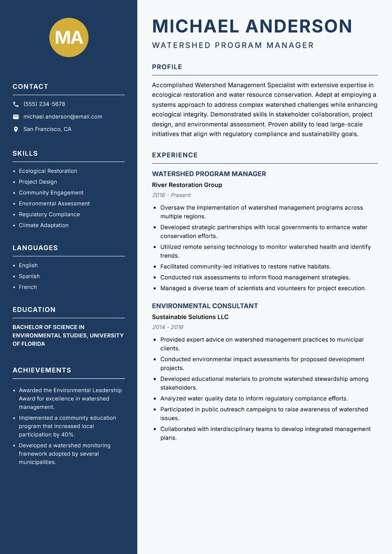 Watershed Management Specialist resume sample — Watershed Program Manager focus