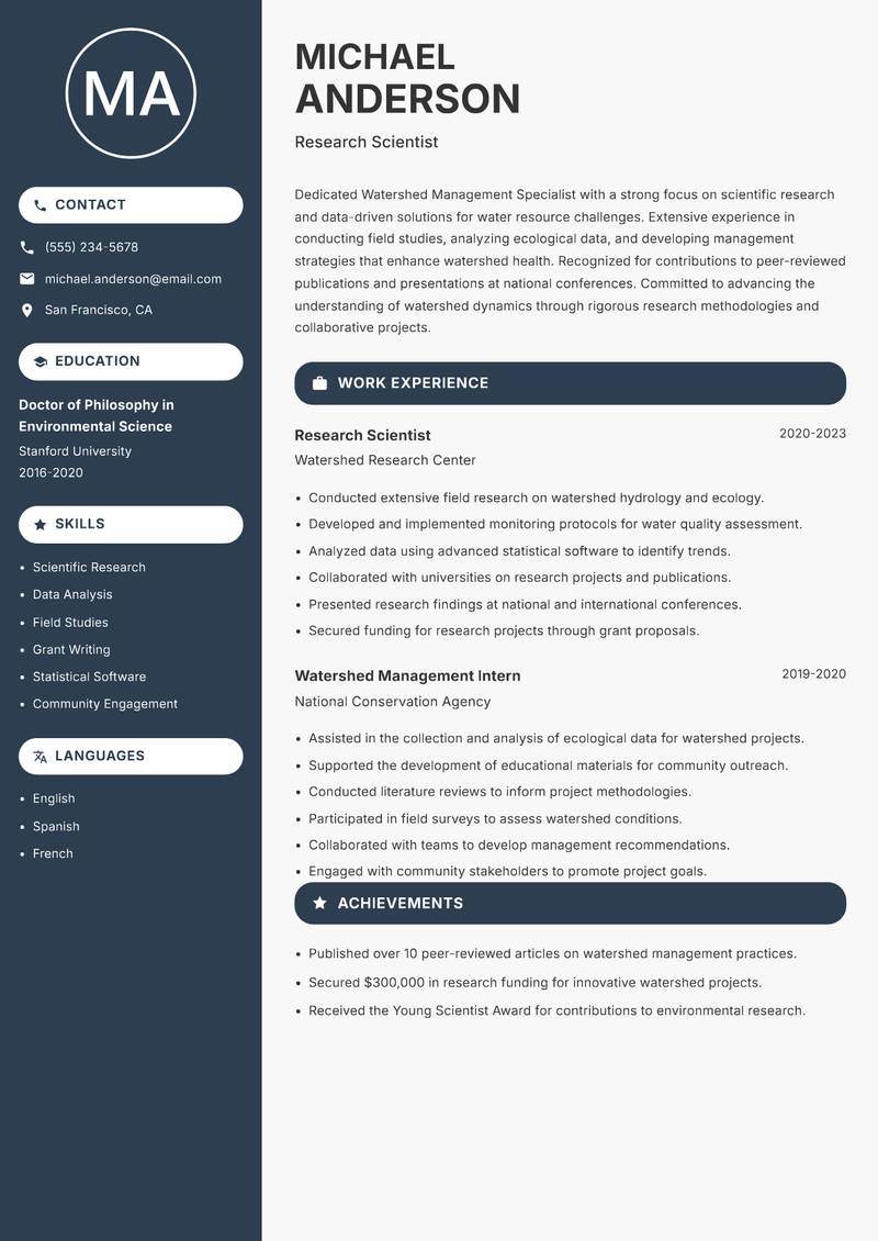 Watershed Management Specialist resume sample — Research Scientist focus