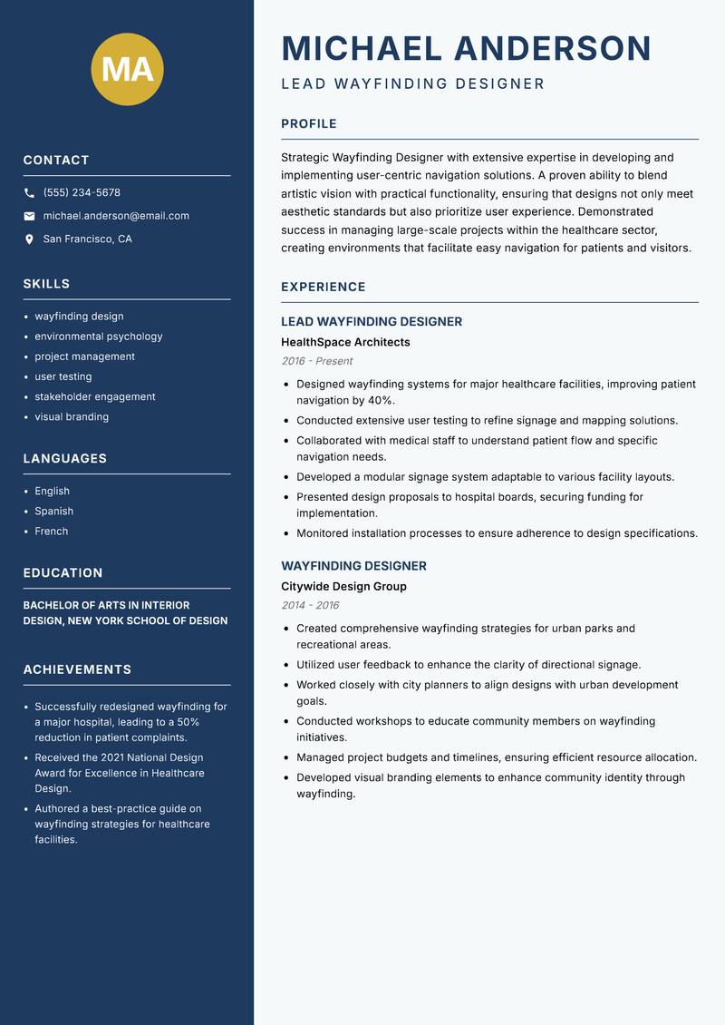 Wayfinding Designer resume sample — Lead Wayfinding Designer focus