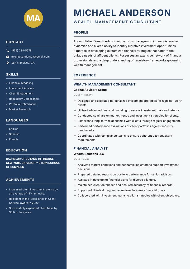 Wealth Advisor resume sample — Wealth Management Consultant focus