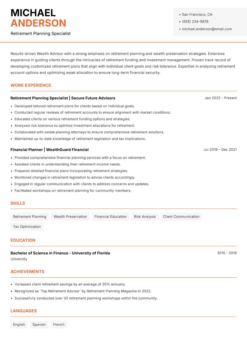 Wealth Advisor resume sample — Retirement Planning Specialist focus