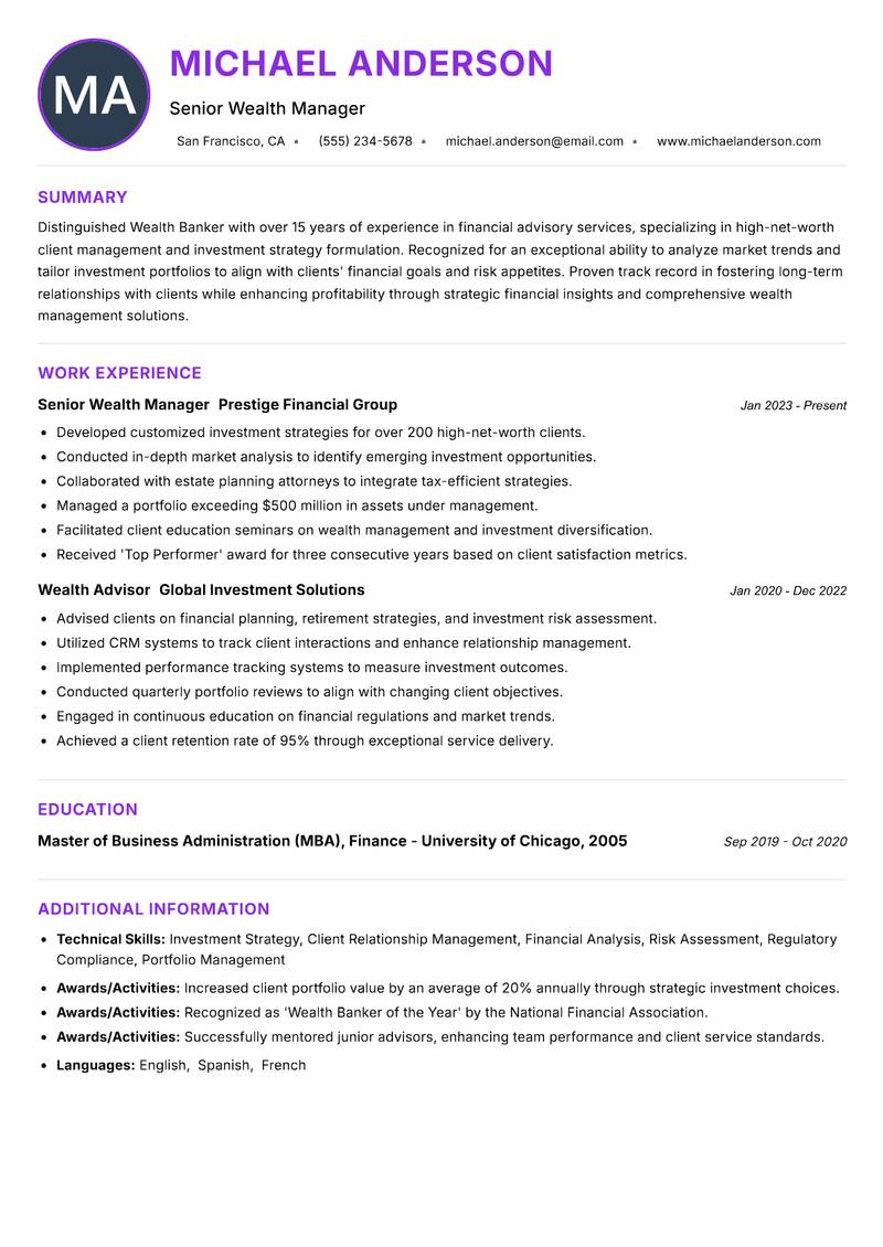 Wealth Banker resume example