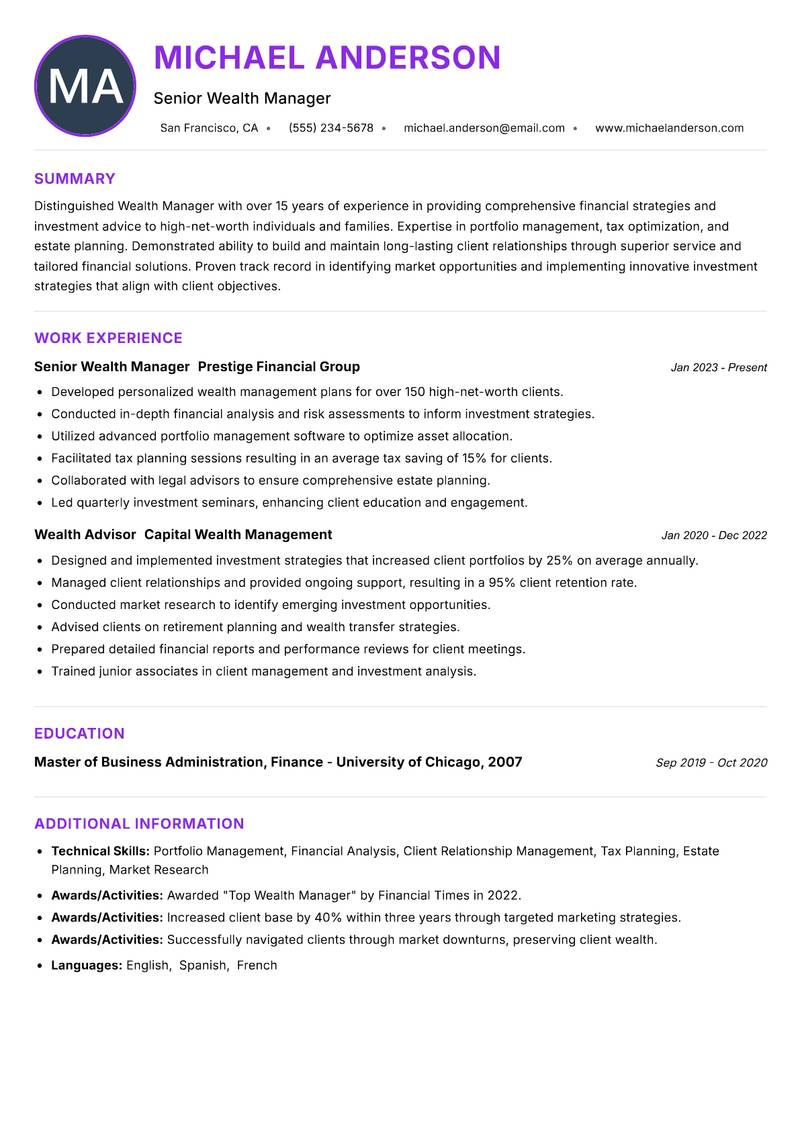 Wealth Manager resume example