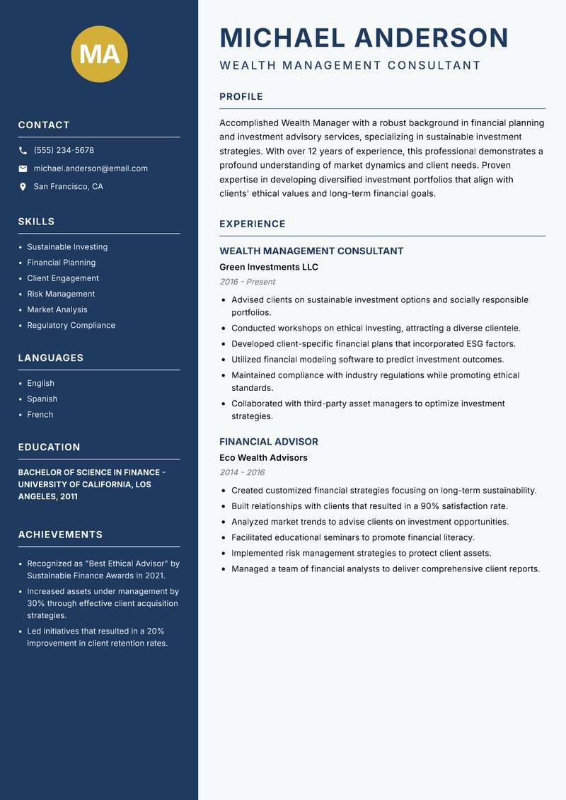 Wealth Manager resume sample — Wealth Management Consultant focus