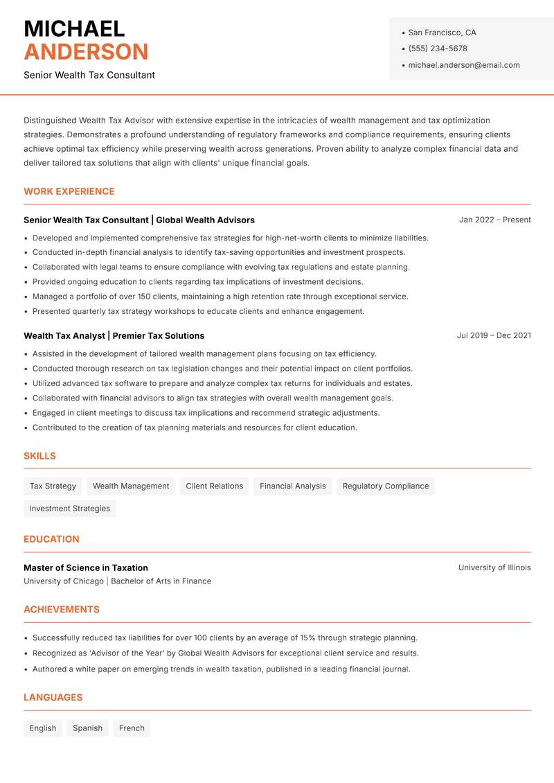 Wealth Tax Advisor resume sample — Senior Wealth Tax Consultant focus