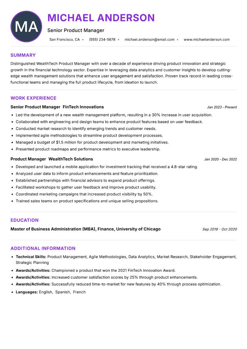 WealthTech Product Manager resume example