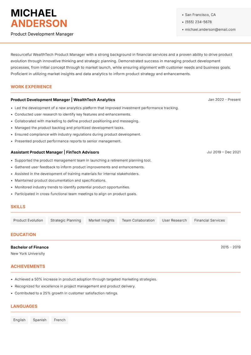 WealthTech Product Manager resume sample — Product Development Manager focus