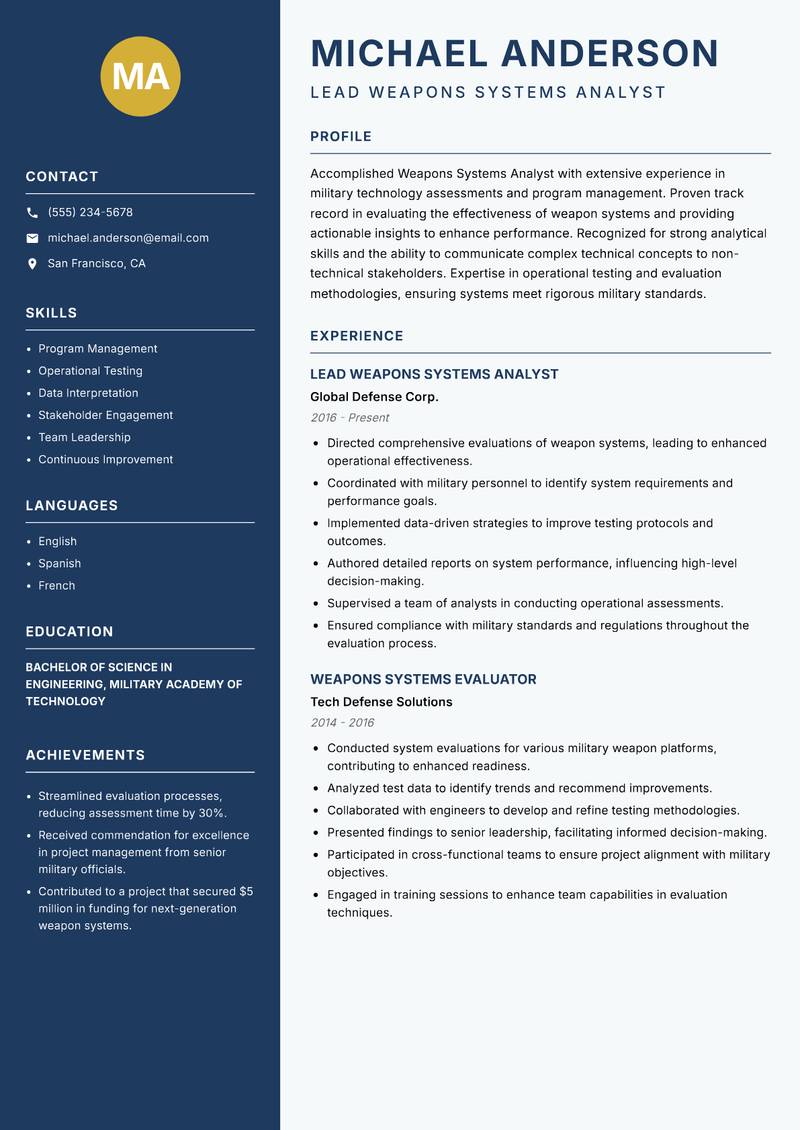 Weapons Systems Analyst resume sample — Lead Weapons Systems Analyst focus