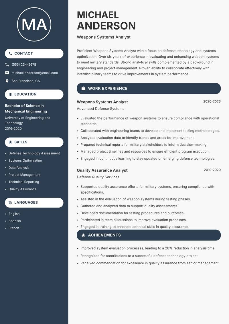 Weapons Systems Analyst resume sample — Weapons Systems Analyst focus
