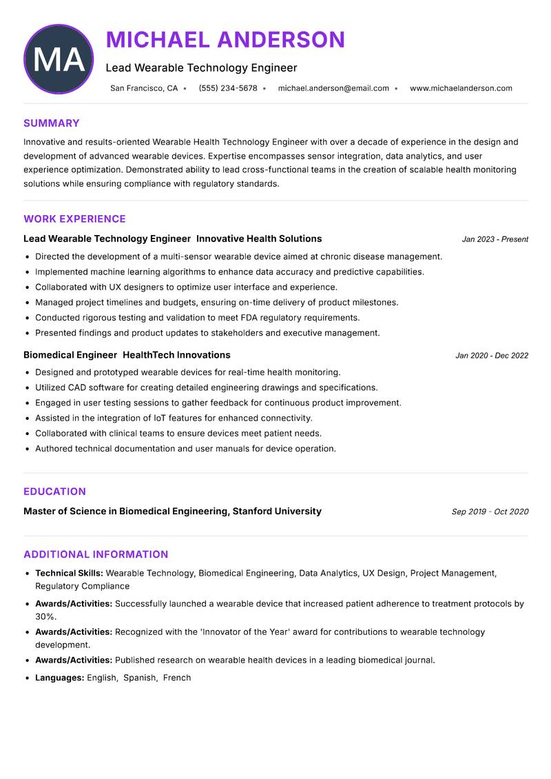 Wearable Health Technology Engineer resume example