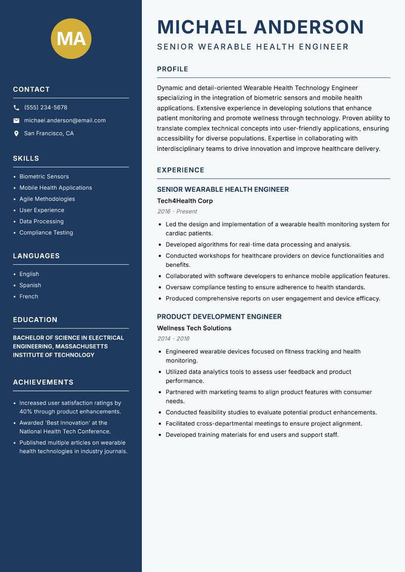 Wearable Health Technology Engineer resume sample — Senior Wearable Health Engineer focus