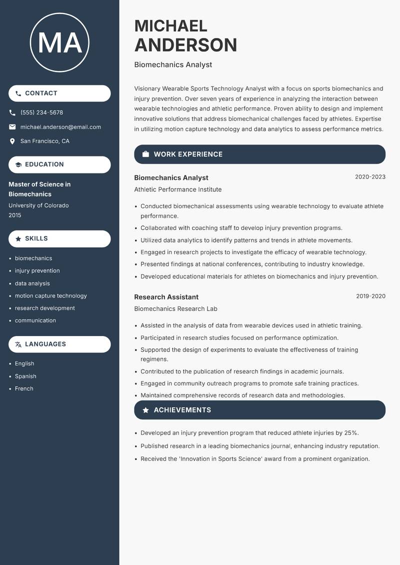 Wearable Sports Technology Analyst resume sample — Biomechanics Analyst focus