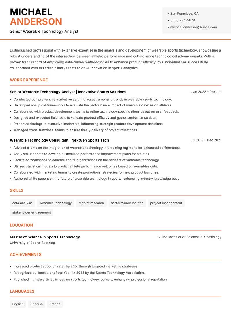 Wearable Sports Technology Analyst resume sample — Senior Wearable Technology Analyst focus