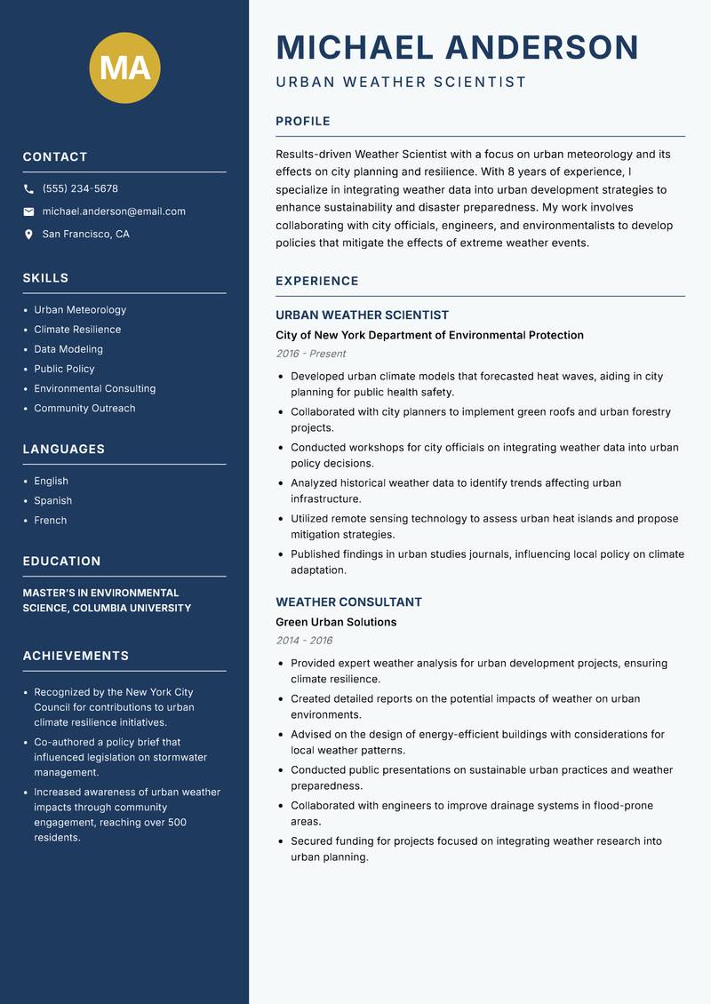 Weather Scientist resume sample — Urban Weather Scientist focus